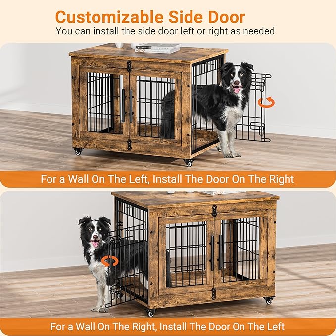 Lulive Dog Crate Furniture Set of 2, Dog Kennel Indoor Double Doors Wooden Dog Cage, 32'' Heavy Duty Dog Crate with Cushion & Wheels, End Table Pet House Chew-Resistant Up to 45 lb, Rustic Brown-Mewly Pet