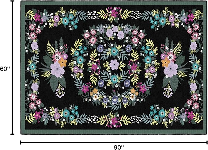 Flagship Carpets Schoolgirl Style Vintage Floral Educational Area Rug for Kids Room Seating Décor, Children's Classroom, Play Carpet for Teaching and Playroom, 5' x 7'6", Black & Multi