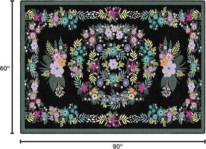 Flagship Carpets Schoolgirl Style Vintage Floral Educational Area Rug for Kids Room Seating Décor, Children's Classroom, Play Carpet for Teaching and Playroom, 5' x 7'6", Black & Multi