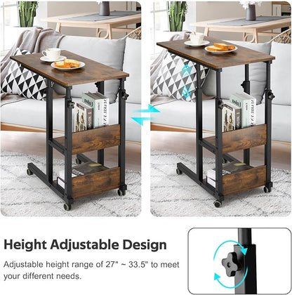 Hadulcet C Shaped Side Table Adjustable, Height Adjustable C Table with Wheels and Storage Shelves for Couch Bed Recliner Rustic Brown
