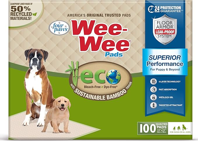 Four Paws Wee-Wee Superior Performance Bamboo Pee Pads for Dogs, Earth Friendly Dog & Puppy Potty Training Pads, Crate Liners, Housebreaking Supplies, 22" x 23" (100 Count)-Mewly Pet