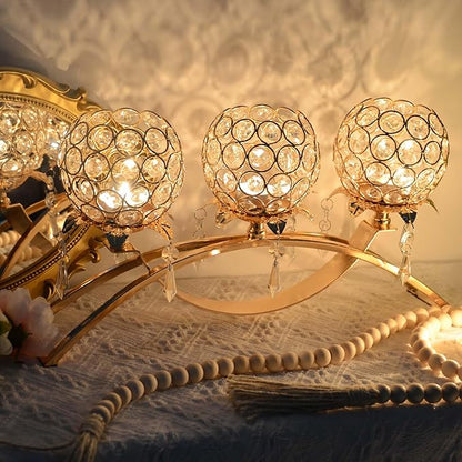 Set of 3 Gold Crystal Tea Light Candlestick Holders Flower Shape with Crystal Pendant Bowl Votive Metal Candle Holder for Table Centerpieces Wedding Home Decor (Gold, 3 arm)