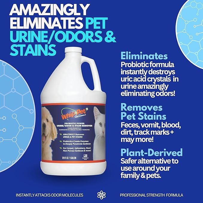 Whip-Pet Pet Odor Eliminator and Stain Remover - Enzymatic Cleaner for Dog Urine and Carpet Odor Eliminator - Pet Odor Remover - 128 fl oz / 3.78L-Mewly Pet
