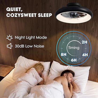 Ceiling Fan with Lights, 15" Flush Mount, Black Low Profile with 6 Wind Speeds, Smart Dimmable LED for Bedroom, Living Room