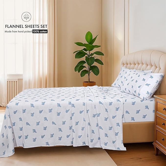 RUVANTI Flannel Sheets California King Size - 100% Cotton Brushed Cal King Bed Sheets Set - Deep Pockets 14 Inches - All Seasons Breathable & Extra Soft - Warm & Cozy, 4 Piece, Happy Cubs
