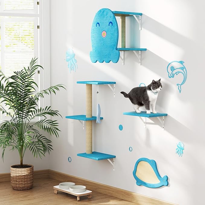 COZIWOW 4-Piece Wall-Mounted Cat Tree Set – Sturdy Wood Pet House, Scratching Board, Platforms, Sisal Posts & Blue Fish Charm – Ocean Blue-Mewly Pet