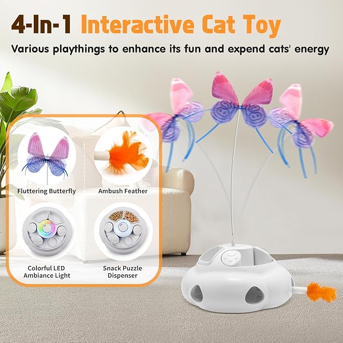 Interactive Cat Toys for Indoor Cats, 4in1 Pet Teaser Toy with Ambush Feather Wand, Motorized Fluttering Butterfly and Slow Feeder, Rechargeable Power Treat Puzzle Toys(White)-Mewly Pet