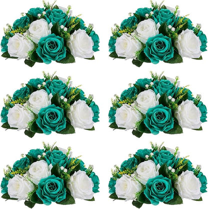 NUPTIO Flower Wedding Centrepieces for Tables - 6 Pcs 9.5in Diameter Teal & White Artificial Flowers Rose Ball for Centerpieces Table - Fake Rose Arrangements for Weddings Birthday Party Decorations