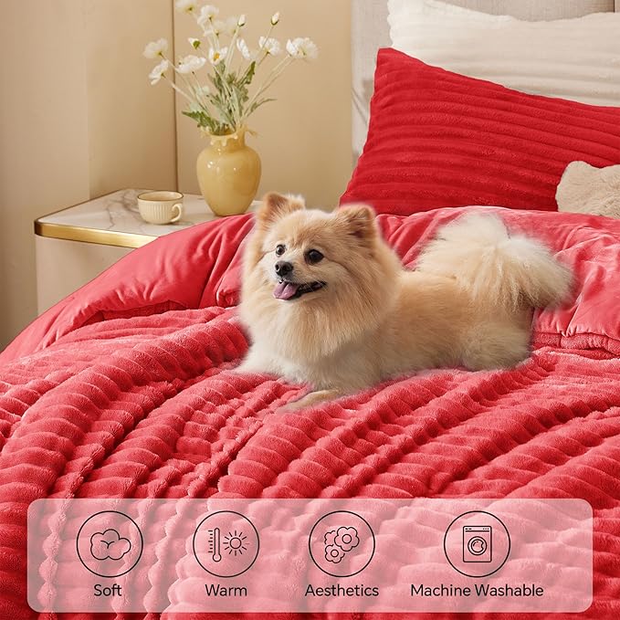 BEDELITE Fleece Twin Comforter Set -Super Soft & Warm Fluffy Red Bedding, Luxury Fuzzy Heavy Bed Set for Winter with 1 Pillow case