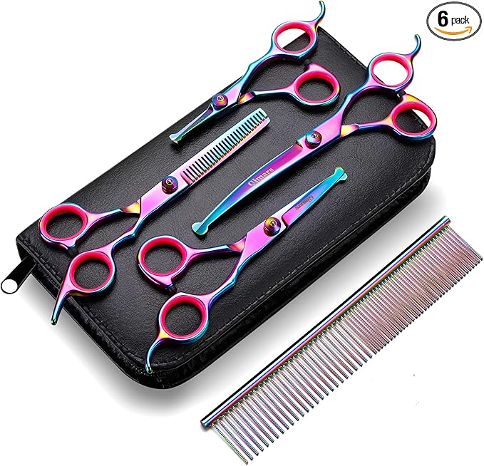 Gimars Professional 4CR Stainless Steel 6 in 1 Grooming Scissors for Dogs with Safety Round Tip, Heavy Duty Titanium Coated Pet Grooming Scissor for Dogs, Cats and Other Animals-Mewly Pet