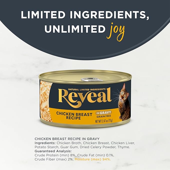 Reveal Natural Wet Cat Food, 24 Count, Grain Free, Limited Ingredient Canned Food for Cats, Chicken Breast in Gravy, 2.47 oz Cans-Mewly Pet
