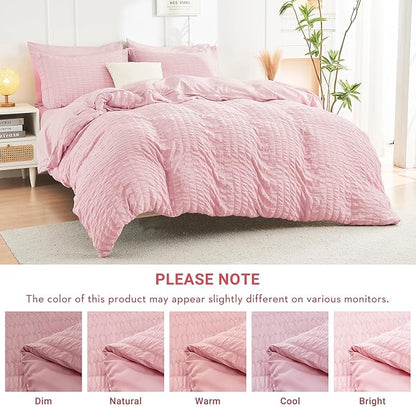 HYMOKEGE Pink Twin Comforter Set Seersucker 5 Pieces, All Season Luxury Bed in a Bag for Bedroom, Bedding Set with Comforters, Sheets, Pillowcase & Sham