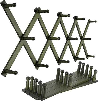 SKOLOO Hat Rack for Wall with 14 Hooks, Pack of 2, Solid Wooden, Modern, Expandable Coat Rack Wall Mount for Coats, Hats, Bags, Baseball Caps, Dark Walnut Color