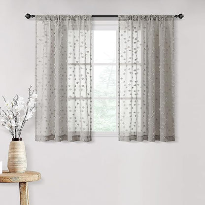 MYSKY HOME Pom Pom Grey Sheer Curtains for Bedroom Girls Room Curtains 63 inch Length for Nursery Kids Light Filtering Boho Window Drapes, Rod Pocket, 52" Wide, 2 Panels