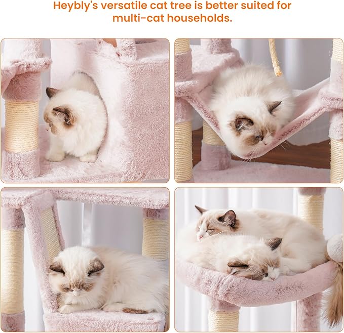 Heybly Cat Tree, 68 inch Multi-Level Cat Tower for Indoor Cats, 2 Widened Plush Perches Cat Condo with Scratching Board and Big Caves, Muchroom HCT025MU-Mewly Pet