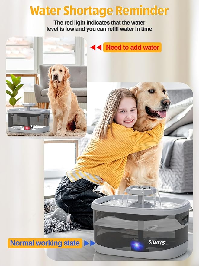 SIBAYS 2.5Gal/9.5L Dog Water Fountain for Large Dogs, 3 Flow Modes Large Pet Water Fountain for Cats, Automatic Dog Water Bowl Dispenser with 7" Filter & Smart LED Pump, Quiet, BPA-Free Material(FS68)-Mewly Pet