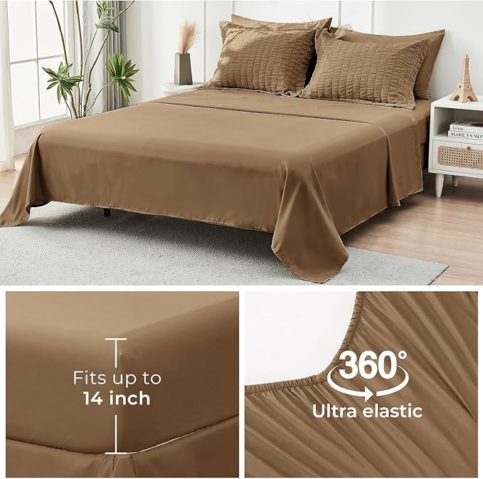 HYMOKEGE Brown King Size Comforter Set Seersucker 7 Pieces, All Season Luxury Bed in a Bag for Bedroom, Bedding Set with Comforter, Sheets, Pillowcases & Shams