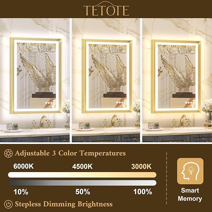 TETOTE Gold LED Mirror for Bathroom 20x28 Metal Frame Frontlit & Backlit Lighted Vanity Mirror Baroque Anti Fog Stepless Dimmable White/Warm/Natural,CRI90+,Wall Mounted(Horizontal/Vertical)
