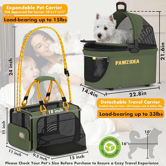PAWZIDEA Double Pet Stroller with 2 Detachable Carriers, Portable Dog Crate for Car Travel & TSA-Approved Expandable Cat Carrier, Foldable Lightweight Jogger Stroller for 2–4 Cats or Small/Medium Dogs-Mewly Pet