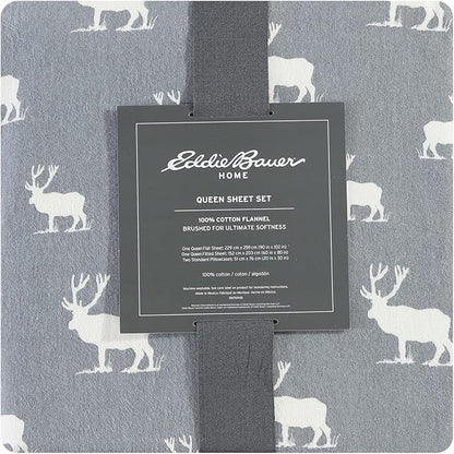 Eddie Bauer - King Sheets, Cotton Flannel Bedding Set, Brushed For Extra Softness, Cozy Home Decor (Elk Grove, King)