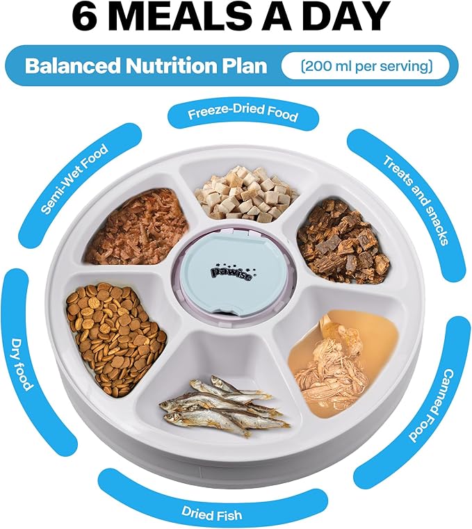 Pawise Automatic Cat Feeder, 6-Meal Programmable Pet Food Dispenser with Bird Chirp Sound Alert, Battery Operated, BPA-Free, Bonus Snack Ball Toy, for Cats & Small Dogs（Batteries Not Included-Mewly Pet