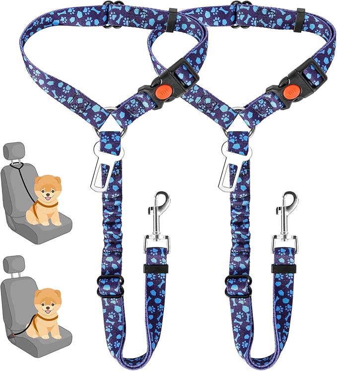 SlowTon Dog Seat Belt for Car, 2 Pack Dog Car Harness Seatbelt Adjustable with Elastic Bungee Buffer, 2 in 1 Pet Car Leash Headrest Restraint Dog Reflective Safety Tether (S, Blue, Headrest+Clip)-Mewly Pet