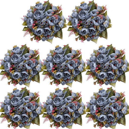 Geosar 8 Bundles Artificial Peonies Flowers Fake Silk Peony Bouquet Faux Peonies Flowers Bulk for Decoration Vase Floral Arrangements Wedding Party Table (Blue)