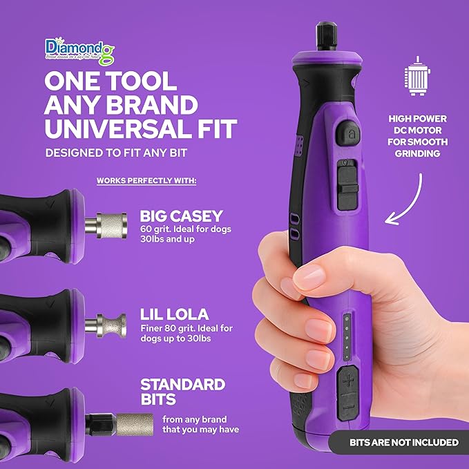 Diamondg Cordless Dog Nail Grinder with Quiet Sound & LED Tip for Large & Small Dogs, 4hrs. Runtime, 2 Bits Included, Purple-Mewly Pet