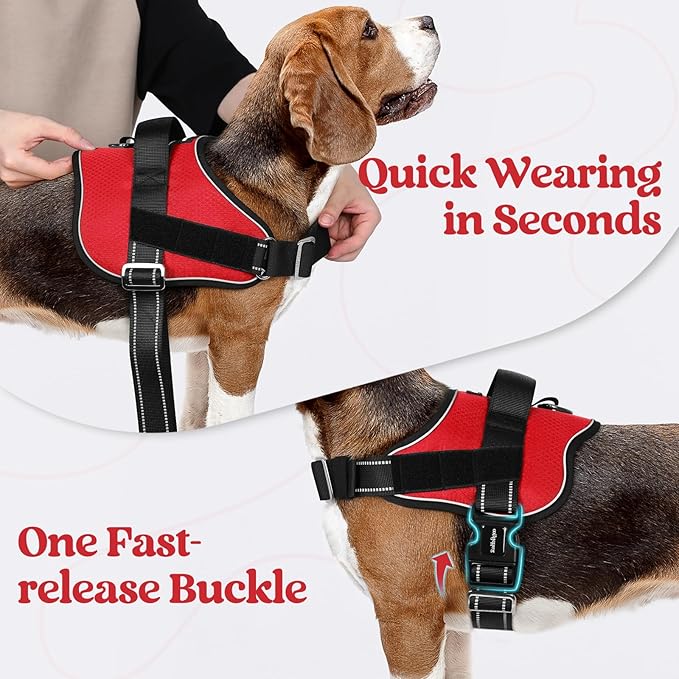 rabbitgoo Dog Harness for Large, Easy On Pet Vest with One Buckle, No Pull Adjustable Service Harness with D-Ring & Handle, Reflective for Safety Walking, Training, Red, L-Mewly Pet
