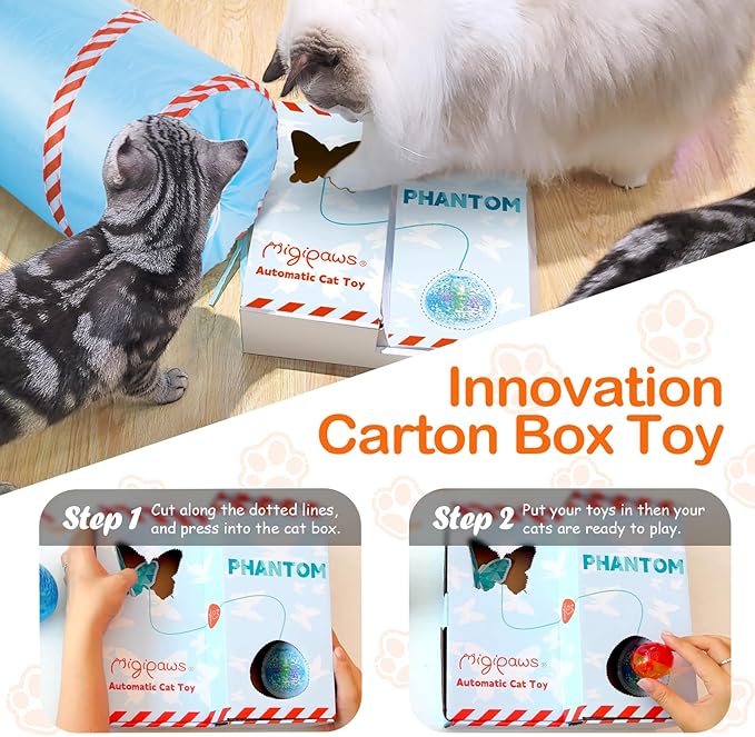 Migipaws Cat Toys, Interactive Cat Toy for Indoor Cats,Upgraded Moving Shadow of Butterfly Feather Project on Cat Tunnel, Cardboard Box Toys, Rechargeable 2.0-Mewly Pet