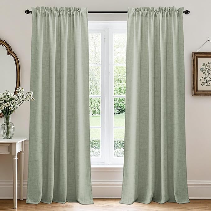 RYB HOME Linen Sheer Curtains and Drapes for Living Room and Dining Room 95 inches Length, Breathable Weave Textured/Rod Pocket Semi Sheer Curtains, Sage Green, W 52 x L 95 inches, 2 Panels Set