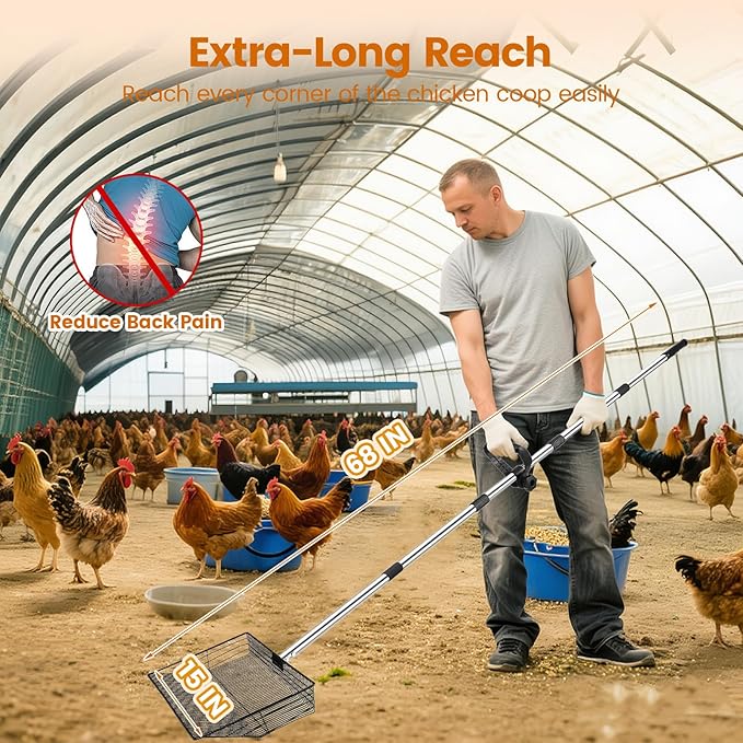 15 inch Extra Large Chicken Poop Scooper with Ergonomic Grip,5-in-1 Heavy Duty Adjustable Coop Scoop for Poop (24 to 68"), Stainless Steel Sifting Litter Shovel Scoop for Chicken Coop-Mewly Pet