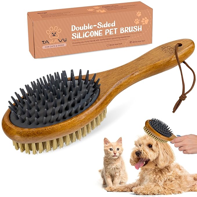 TAKAVU Short Hair Dog & Cat Deshedding Brush - Double Sided Grooming Tool with Silicone Massage & Bristle Sides - Removes Loose Fur & Dirt - Wood Handle-Mewly Pet