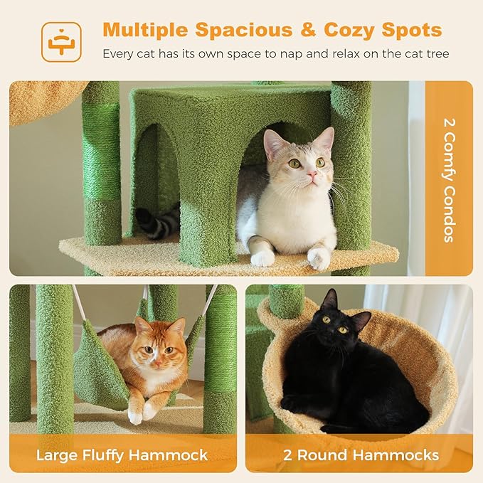 71.2" Large Cat Tree for Multi-Cat Households - 9-Level Cat Tower w/5 Sisal Scratching Posts, 2 Condos, Soft Hammock, Top Perch & Pom Poms - Heavy-Duty Space-Saving Design, Cactus Green-Mewly Pet