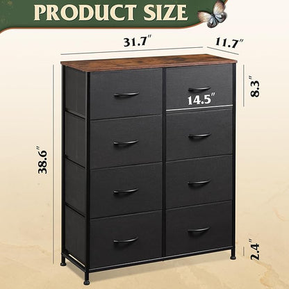 WLIVE Tall Fabric Dresser with 8 Drawers, Storage Tower with Fabric Bins, Double Dressers, Chest of Drawers for Closet, Bedroom, Living Room, Hallway, Dorm, Black and Rustic Brown