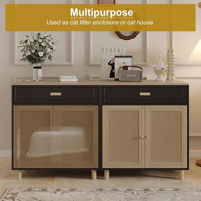Cat Litter Box Enclosure Furniture Hidden - Indoor 2-in-1 Wooden Cat House & Washroom Cabinet with Scratching Board Doors and Drawer, 31.5”x21.6”x34.6”, Black-Mewly Pet
