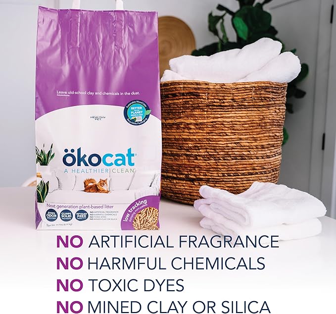 ökocat Less Mess Low Tracking Wood Clumping Cat Litter Mini- Pellets, Unscented, 14 pounds - Natural Ingredients, Stops Odor, Clumps Solid, 99% Dust Free, Great for Long-Hair Breeds-Mewly Pet
