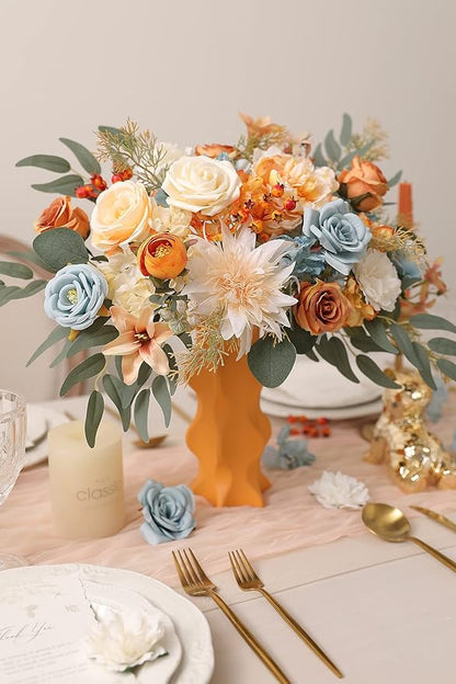 Artificial Flowers Combo Fake Silk Flowers Fall Bouquets for DIY Wedding Bouquets Centerpieces Party Baby Shower Home Decorations (Blue White)