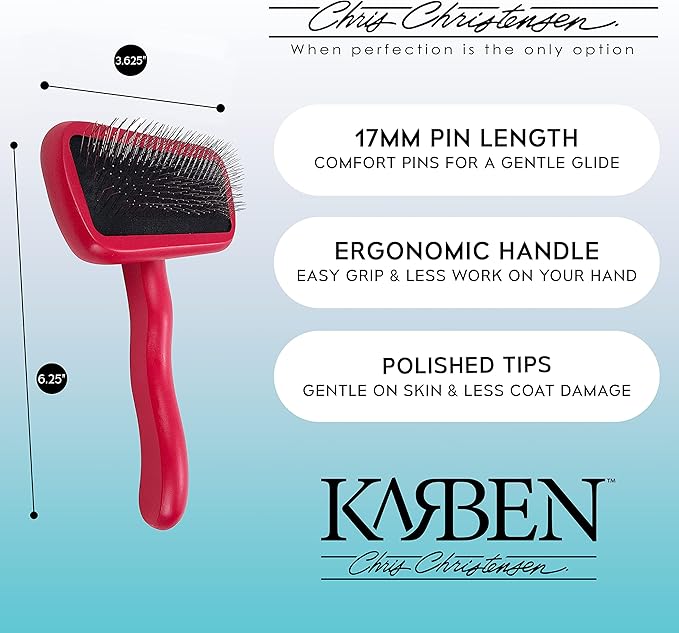 Chris Christensen Karben II Slicker Brush for Dogs, Groom Like a Professional, Ideal For All Coat Types, Remove Shedding Coat, Tangles and Dead Undercoat, 17 mm Stainless Steel Pins, Red, Small-Mewly Pet