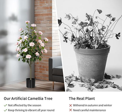 Artificial Camellia Tree 2 Pack, Artificial Plants Outdoor Faux Floral Plant in Cement Pot Fake Silk Camellia Tree Plants for Home House Living Room Office Decor