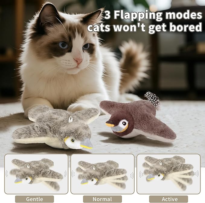 2 PCS Cat Toys, Flapping Bird Cat Toy(No Flying), Interactive Catnip Toy with Catnip Bags, Chirping Noise Moving Wings Dog Cat Kitten Toys, Flappy Flying Pets Toy for Indoor(Brown&Gray Sparrow)-Mewly Pet