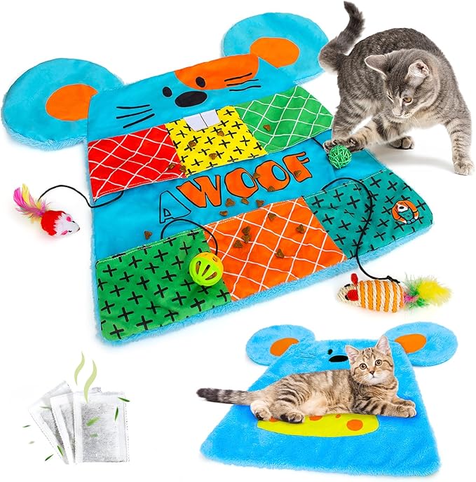 AWOOF Cat Mat, Cute Soft Catnip Mat, Cat Activity Mat Machine Washable Catnip Toys Interactive Cat Toys for Indoor Cats (Mouse Shape)-Mewly Pet