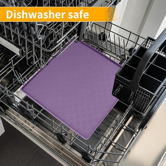 Ptlom Dog Food Mat Anti-Slip Bowl Mats for Food and Water, Waterproof Silicone Pet Placemat with High Raised Edges, Non-Slip Puppy Feeding Tray for Small, Medium Large Cats Dogs, Purple, 11.8"x11.8"-Mewly Pet