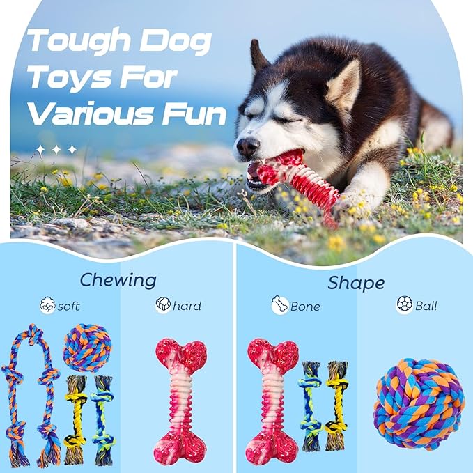 SHARLOVY Dog Chew Toys for Aggressive Chewers, 5 Pack Indestructible Dog Toys for Large Breed, Cotton Rope Toys, Tough Bone Chew for Aggressive Chewers Large Breed-Mewly Pet