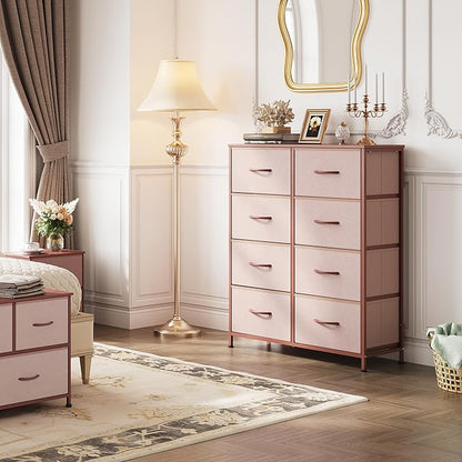 WLIVE Fabric Dresser for Bedroom, Tall Dresser with 8 Drawers, Storage Tower with Fabric Bins, Double Dresser, Chest of Drawers for Closet, Playroom, Dormitory, Pink and Rose Gold
