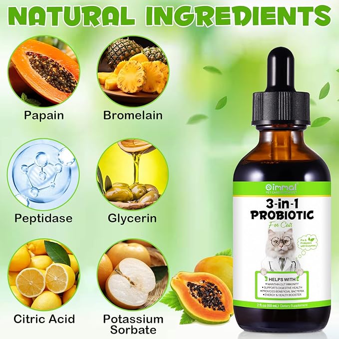 3 in 1 Probiotics for Cats, Cat Digestive Support,Daily Digestive Health Supplement with Multiple Strains of Bacteria Help with Diarrhea,Gas and Bloating, Cat Herbal Supplements- 60ml-Mewly Pet