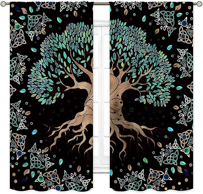 Tree of Life Curtains, Hippie Green Leaves Tree Life Vikings Celtic Nordic Aesthetic Mythology Window Drapery Treatments for Bedroom Living Room Bathroom 2 Panels, 55"x63" Inch