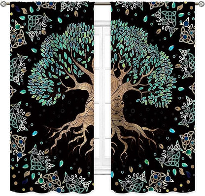 Tree of Life Curtains, Hippie Green Leaves Tree Life Vikings Celtic Nordic Aesthetic Mythology Window Drapery Treatments for Bedroom Living Room Bathroom 2 Panels, 84"x84" Inch