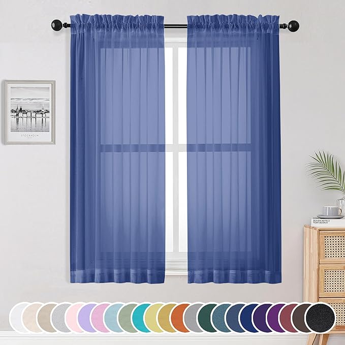OWENIE Sheer Curtains 63 Inch Length 2 Panels Set, Light Weight Soft Solid Fimly Sheer Curtains for Bedroom Living Room, Light Filtering Airy Voile Sheer Curtain, Royal Blue, 42Wx63L Inch