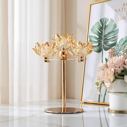 Crystal Candle Holders Lotus Candelabras Gold Arch Candlestick, Centerpiece Table, Home Hecor for Wedding, Dinning Room, Coffee Table, Kitchen, Living Room, Entryway (5 Arms, Gold, Taper Candle)